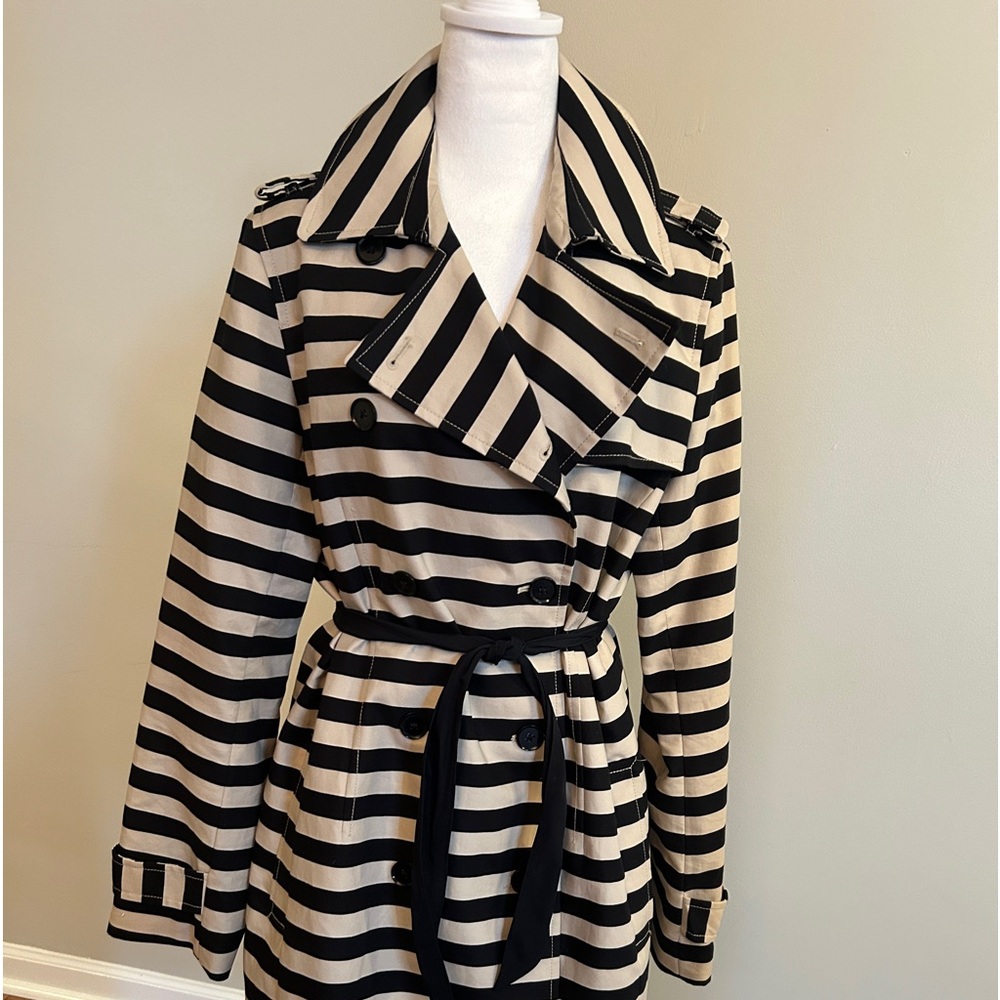 Banana Republic Black and Cream Striped Trench Coat